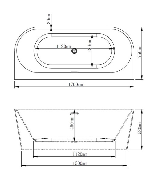 OCEANO Akril szabadonálló fürdőkád, térkád 170x75cm